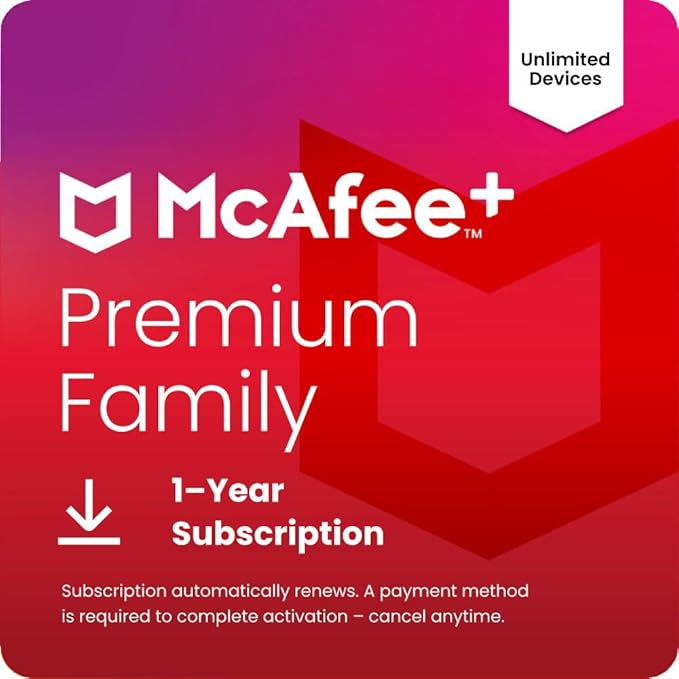 McAfee+ Premium Family Unlimited Devices 2025 | Cybersecurity Software Includes Antivirus, Secure VPN, Identity Monitoring, Scam Protection | 1-Year